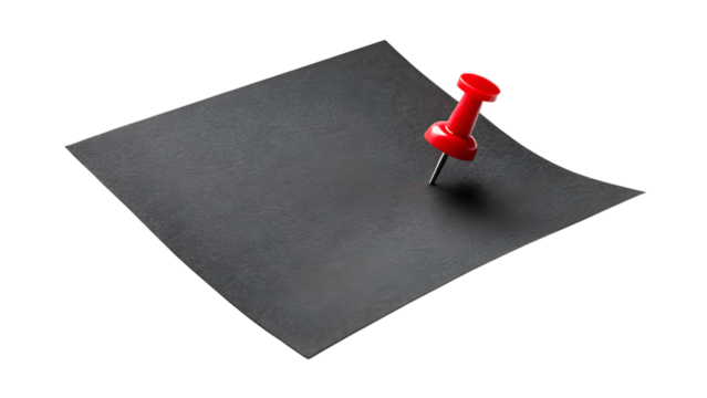 black note with red push pin isolated on transparent background