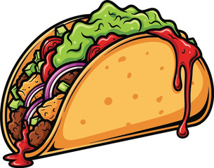 A vibrant cartoon taco illustration showcases delicious fillings like meat, guacamole, onions, and tomatoes, topped with dripping red sauce, perfect for food lovers and Mexican cuisine enthusiasts.