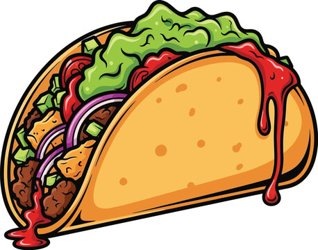 A vibrant cartoon taco illustration showcases delicious fillings like meat, guacamole, onions, and tomatoes, topped with dripping red sauce, perfect for food lovers and Mexican cuisine enthusiasts.