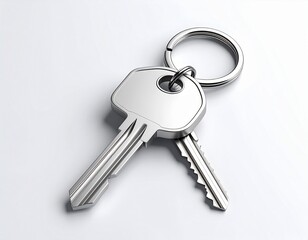 Two shiny metallic keys on keyring, close-up of keys with reflective surface on plain white background, symbolizing security, access, and ownership, modern electronic lock concept