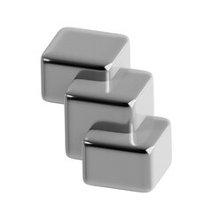 A modern 3D illustration of stacked abstract metallic shapes. A reflective silver icon representing technology or business concepts.