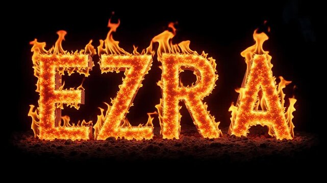 Burning EZRA Text in Vibrant Flames on Black Background | 4K Fiery Scripture Name Animation

