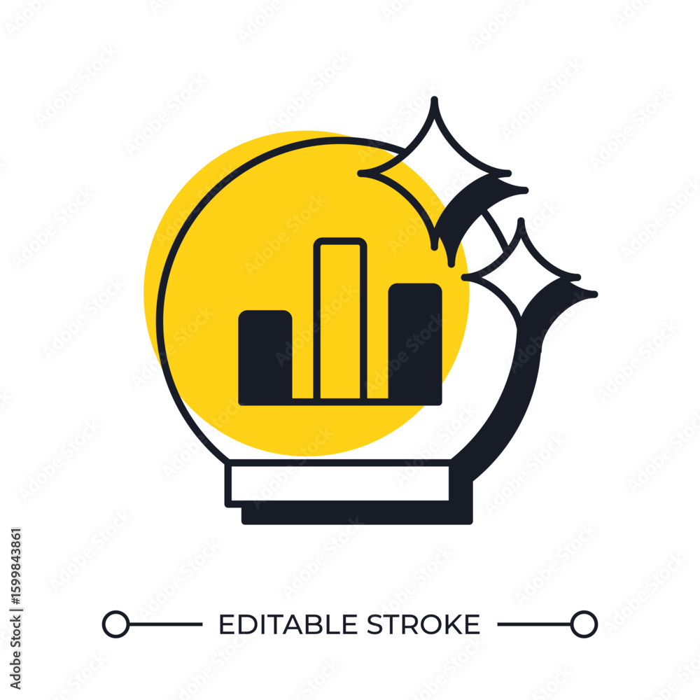 Poster predicting commercial activity results offset shadow line icon. crystal ball with bar chart. data fo