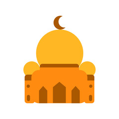 Flat illustration of a mosque with a crescent moon on top. Represents a place of worship for Muslims, perfect for Eid, Ramadan, or Islamic culture content.