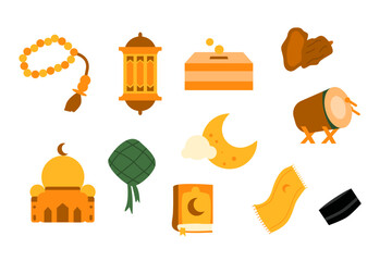 A colorful flat vector illustration set featuring various Islamic and Ramadan-related objects including tasbih, lantern, zakat box, dates, mosque, ketupat, Quran, moon, drum, prayer mat, and songkok. 