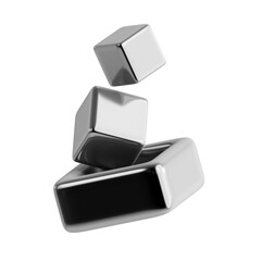 Abstract 3D icon with floating metallic shapes. Dynamic composition of reflective chrome cubes isolated on a white background.