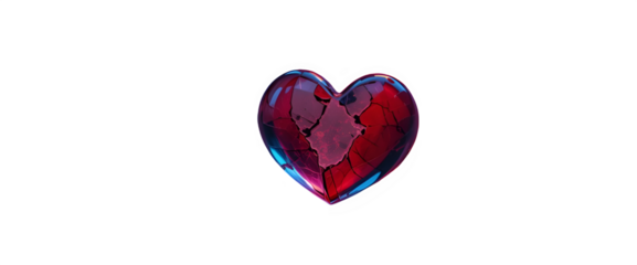 Broken glass heart on a cracked concrete surface, lit with moody red and blue lighting to evoke heartbreak.