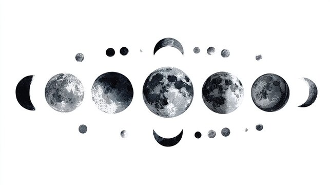 A grayscale illustration of the lunar cycle, showcasing various moon phases from new moon to full moon, arranged symmetrically on a white background with smaller moons interspersed