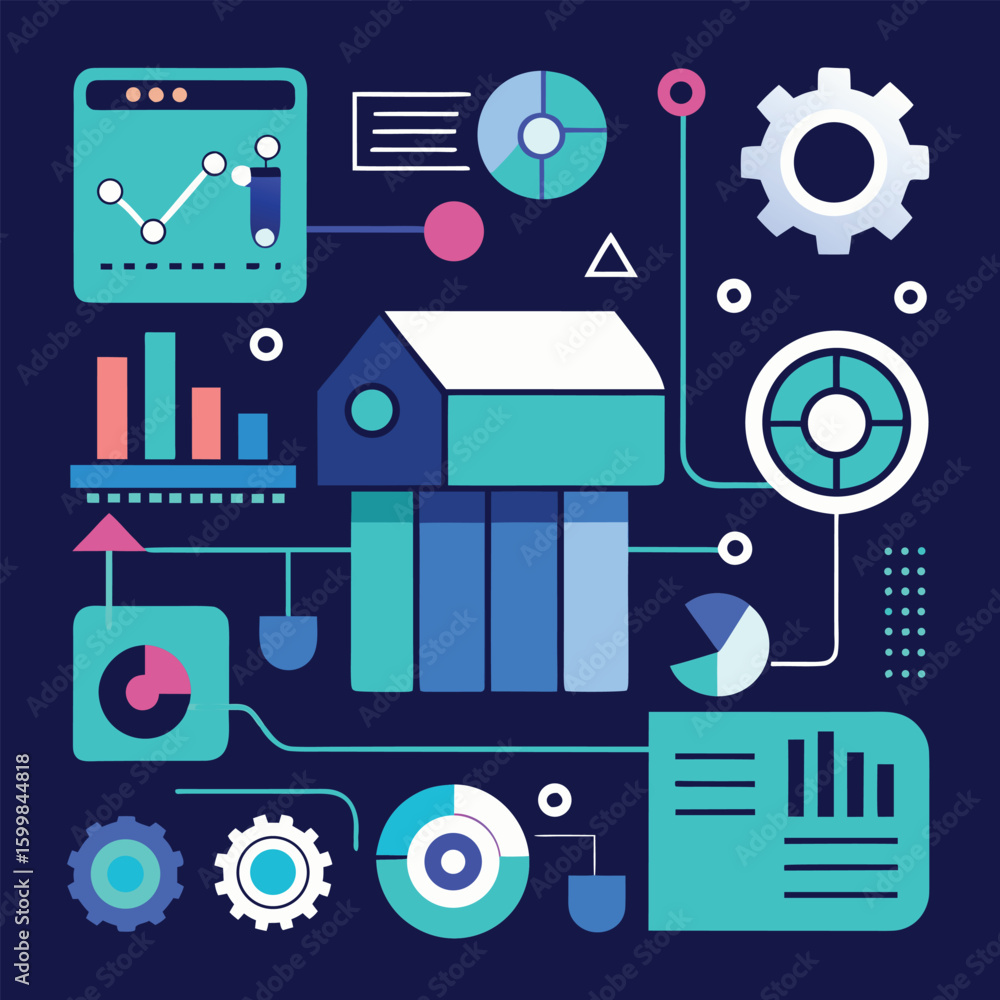 Poster abstract data visualization and analytical process depicted in a modern and simplified illustration