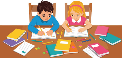 Boy and girl learning together, writing in notebooks at desk with books and stationery supplies