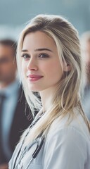 Obraz premium Professional headshot of a beautiful young female doctor with long blonde hair and a welcoming smile. A confident healthcare practitioner in a modern medical facility.