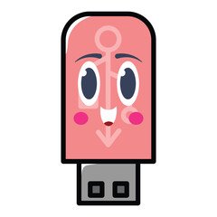 Cute Kawaii USB Flash Drive Vector – Pastel Colored Flat Style Data Storage Device Illustration, Hand-Drawn Tech Icon for File Transfer, Backup, Computer, Gadget, Digital Storage, and Office Supplies