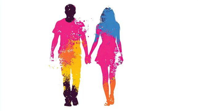 Colorful silhouettes of a couple holding hands and walking forward, splattered with vibrant paints