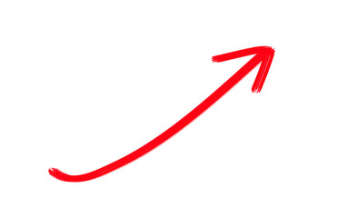 Curved red arrow pointing upward with bold hand-drawn brush stroke on transparent background for direction or infographic designs