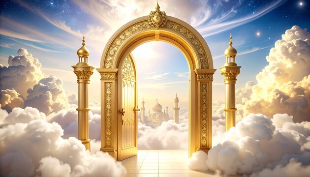 Magical golden doorway opening to reveal a beautiful city in the clouds. Fantasy concept of heaven or a new beginning