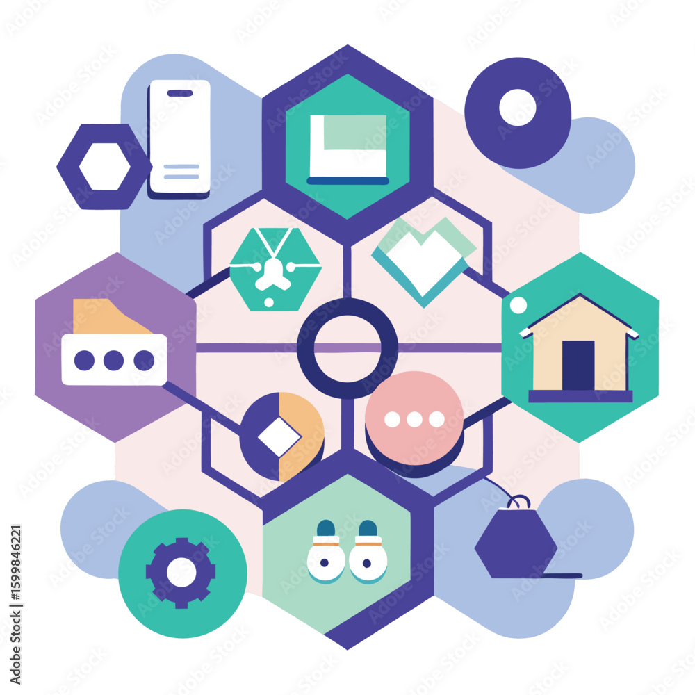 Poster abstract geometric illustration representing connected network of symbols and icons depicting variou