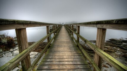 Foggy wooden dock