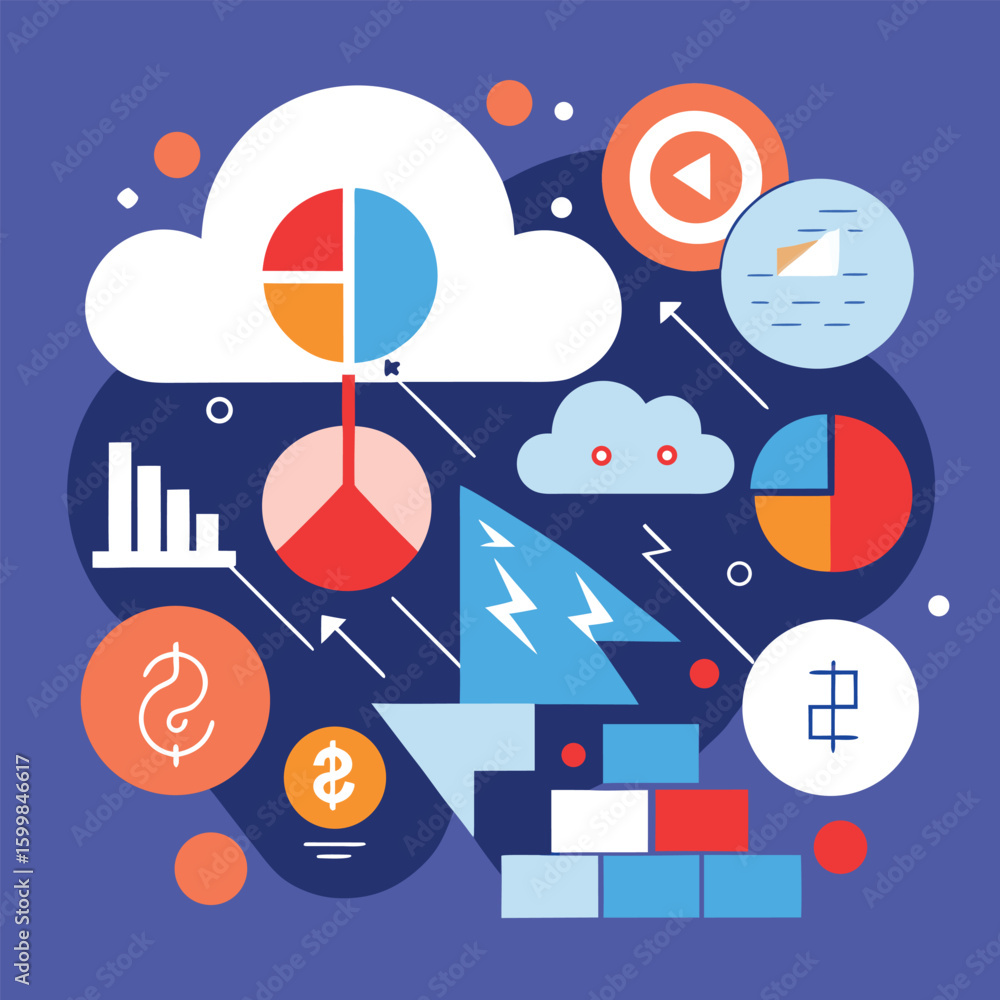Poster abstract illustration depicting business data visualization and financial information within a cloud