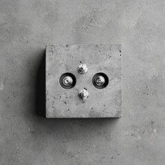 Gray concrete block with three small, metallic objects