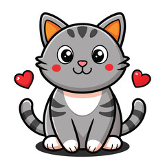 A cute cartoon kitten with a heart, a happy and funny illustration of a small, smiling feline character