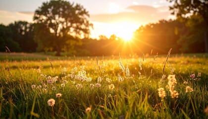Serene landscape of a grass field glowing in the warm, golden light of a beautiful sunset during golden hour.