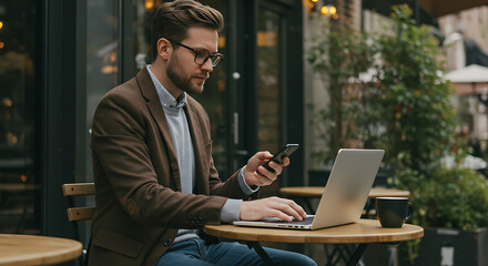 Stylish man works on laptop and phone outdoors at cafe.