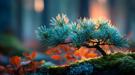 Close up of pine needles with mossy branch and blurred autumn background