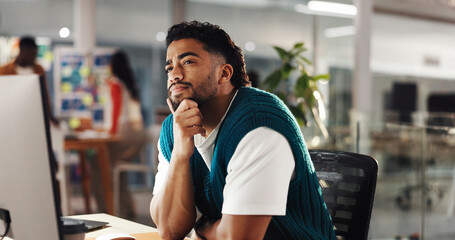 Creative business, man and thinking by computer of graphic design, career path or idea. Modern...