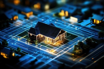 A digital model of a house, overlaid with a network of interconnected lines.