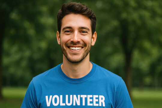 Man smiles, volunteer logo on shirt.