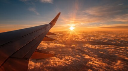 Obraz premium Sunset flight above the clouds aerial view travel photography serene sky environment