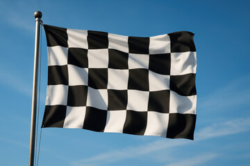 Black and white checkered flag billowing in the sky.