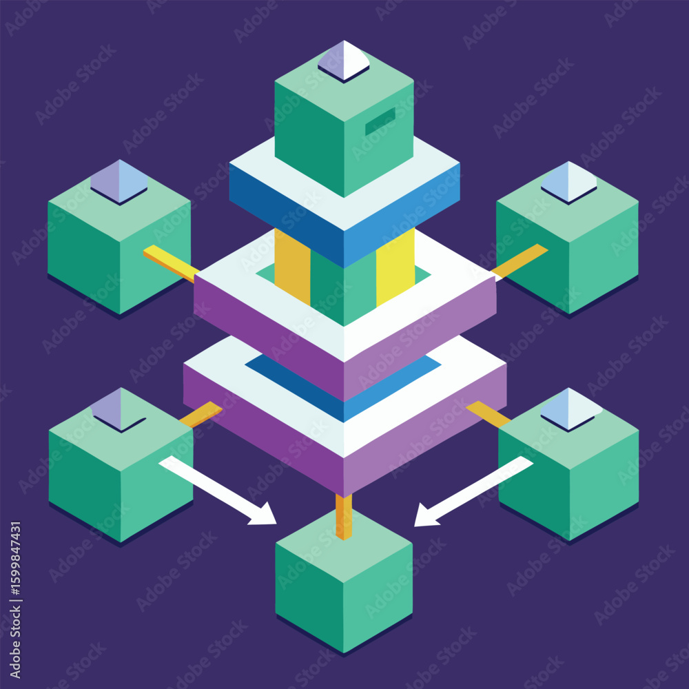 Poster abstract isometric illustration depicting a digital data network and information sharing system conc