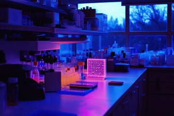 Naklejka premium Fluorescent laboratory equipment in a brightly lit scientific setting.