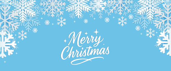 Merry Christmas and Happy New Year Winter Scene with balls, snowflakes, Christmas cards border or frame snow fall on Blue Background.Christmas Promotion Poster or banner template with copy space.