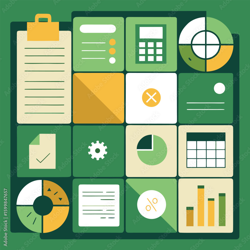 Poster abstract vector illustration featuring data analysis elements and business report icons arranged in 