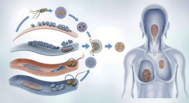 Illustration of a parasitic infection cycle, showing stages of development and human host.