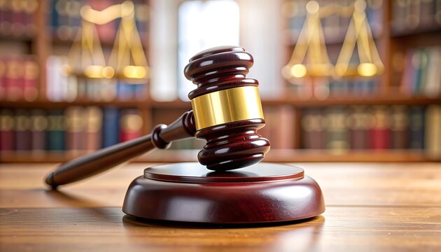 Judge's gavel on wooden table in a law library