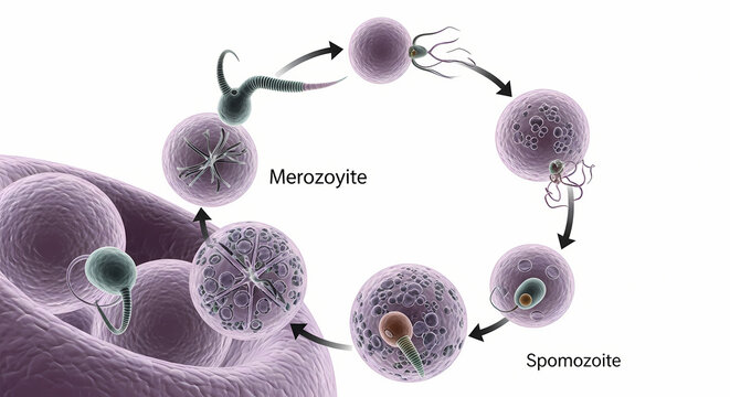 Diagram of a cyclical life cycle of a microorganism, showcasing various stages of development.