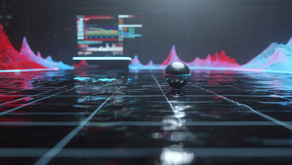 Abstract digital sphere on a grid, with charts