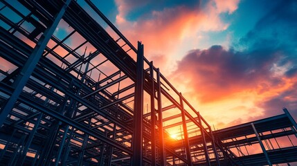 Industrial steel framework silhouetted against a vibrant sunset sky with dramatic clouds and warm sunlight.