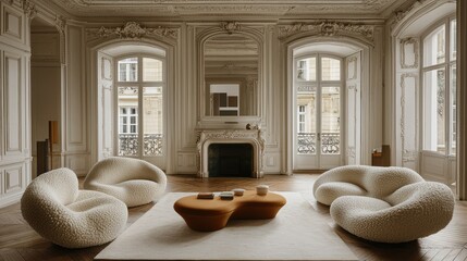 Elegant Living Room with Plush Seating and Classic Parisian Architecture