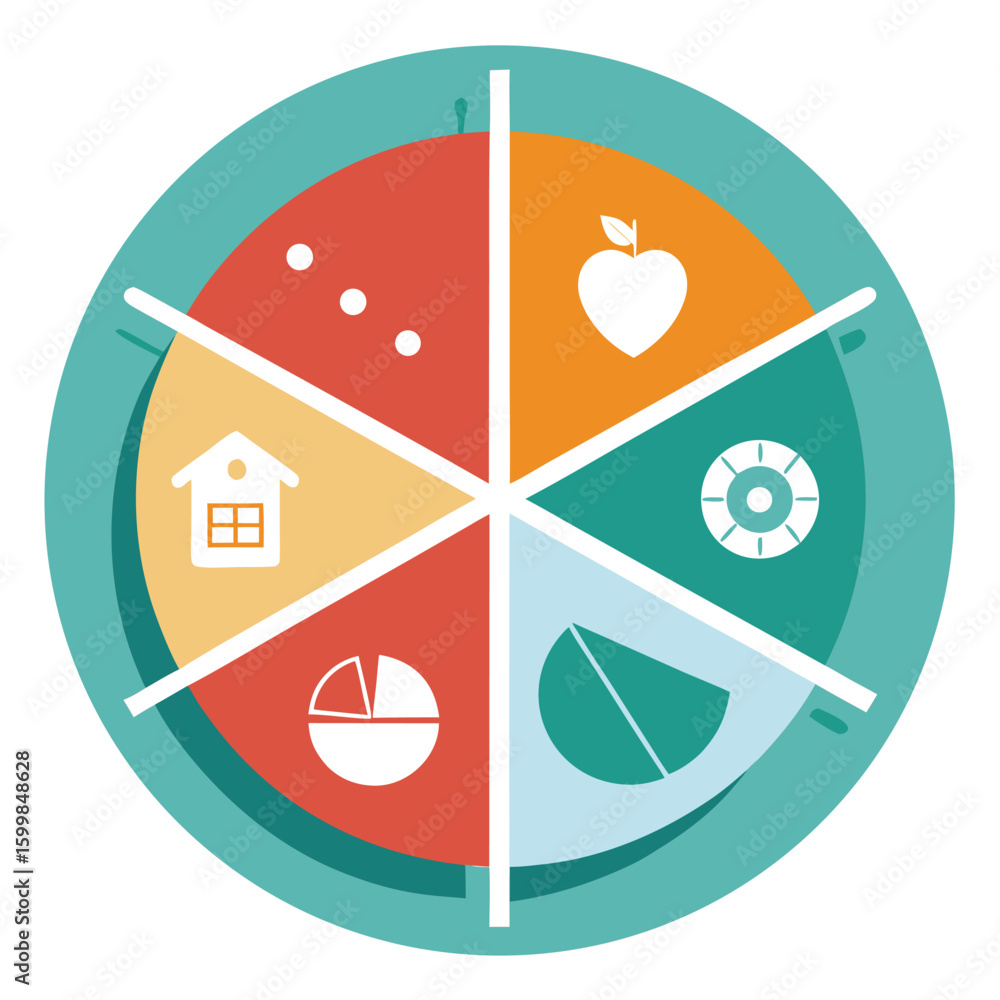 Poster colorful vector pie chart with simple icons represents diverse aspects and elements of an idea or co