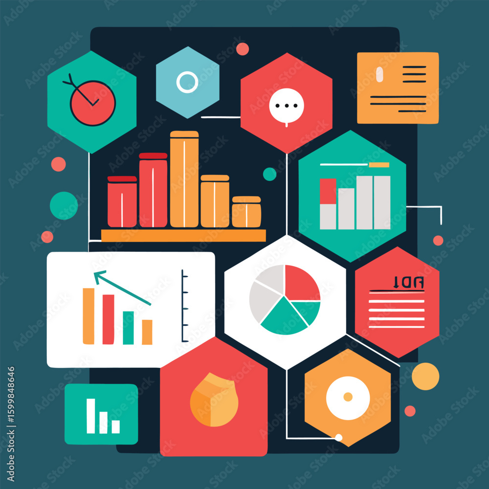 Poster colorful infographic with various charts graphs and diagrams illustrating business analysis and data