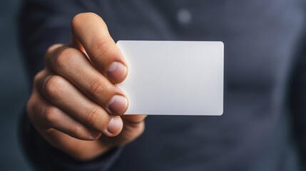 A close-up of a hand holding a blank white card, set against a blurred dark background.