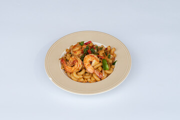 Stir fried macaroni with shrimp, egg, tomato sauce