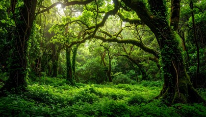 Naklejka premium Lush, sunlit rainforest canopy
