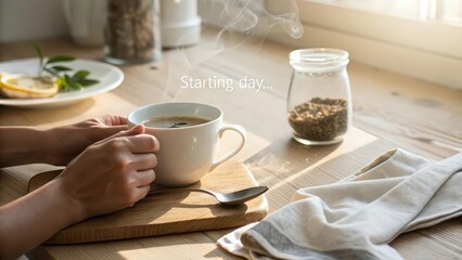 Morning coffee cup on wooden table with hands and steam lifestyle breakfast drink warm beverage
