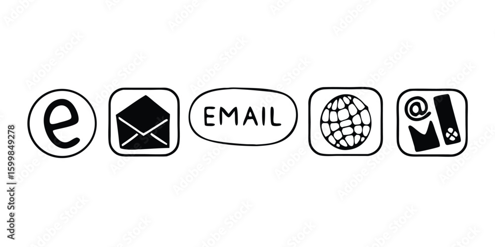 Poster hand drawn email and globe icons for contact information on transparent background this image featur