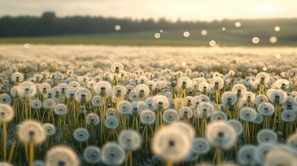 Obraz premium A vast open field covered in soft, rolling white dandelions, their seeds floating gently in the air as the breeze moves through them. The warm afternoon sun casts a golden glow on the landscape.